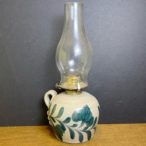 1997 Salmon Falls Blue Floral Stoneware Oil Lamp