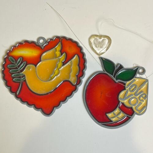Vintage CJ Stained Faux Glass Suncatchers &ndash; Heart Dove & Apple "Love You" Multicolored Set