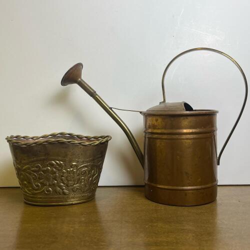 Vintage Decor Set- Luro Portugal Copper Watering Can 33M and Embossed Brass Cachepot Floral Planter
