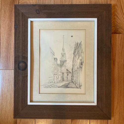 Framed Pencil Drawing "The Old North Church, Boston" With Wood Frame