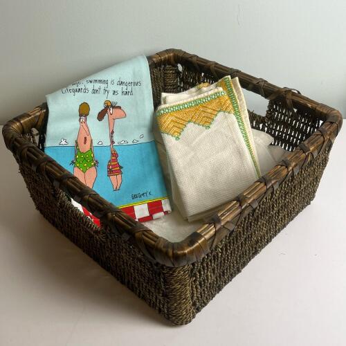 Wicker Basket with Vintage Decorative Linen Napkins & Tea Towels, Embroidered & Printed Designs