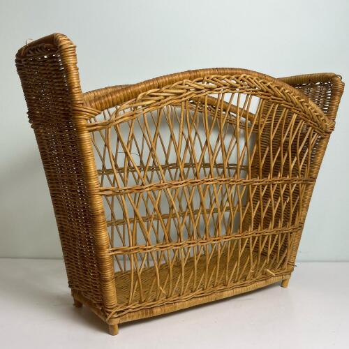Vintage Wicker Magazine Rack with Handle Cutouts