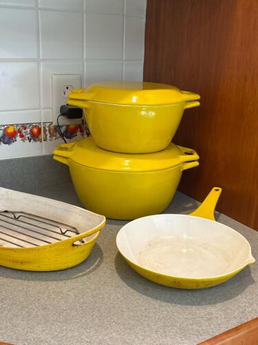 Vintage Copco Denmark Yellow Enamel Cast Iron Set