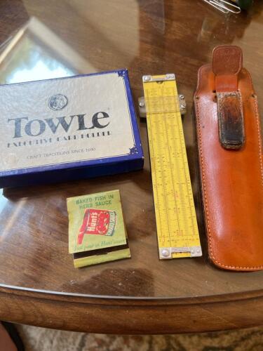 Slide Rule with Leather Case, Towle Business Card Holder and Hunts Matchbook