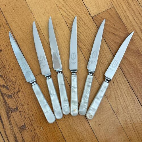 Six Everbrite Sheffield England Vintage Stainless Table Knives with Faux Mother of Pearl Handles