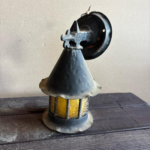 Vintage Hand-Forged Wall Mount Outdoor Lantern with Ribbed Amber Glass