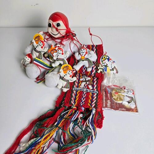 Quebec Winter Carnival Bonhomme Mascot Figurine & Sash Lot, 400th Anniversary 2008 Special, Pins