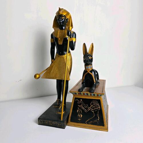 Egyptian Pharaoh & Anubis Decorative Resin Statues with Removable Box, 12 in Tall, Gold & Black