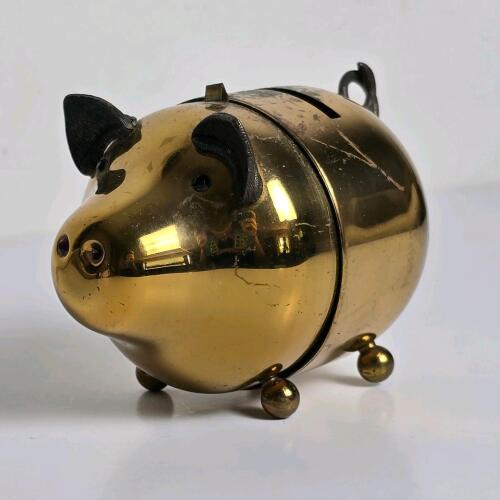 Vintage Brass Piggy Bank, Black Accents, 4.25&rdquo; Tall, Mechanical Clasp, Ball Feet, Mid-Century