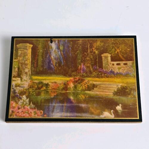 Small Decorative Wooden Wall Plaque with Pastoral Garden Scene and Swans