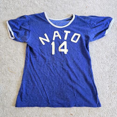Vintage Blue "NATO" Athletic Jersey with Number 14, Felt Lettering,