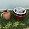 Mixed Lot of Four Ceramic and Terracotta Garden Planters and Clay Pitcher