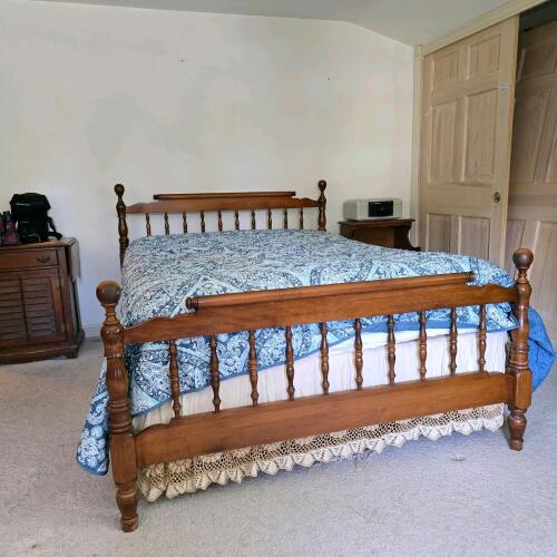 Solid Wood Spindle Full Size Bed Frame with Headboard, Footboard, Slats & Innerspring Mattress
