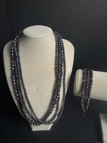 Multi-Strand Freshwater Pearl & Amethyst Necklace Set with Sterling Silver Clasp