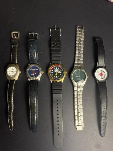 Lot of 5 Analog Wristwatches: 3 Reebok, 1 Solaris, Mixed Styles, Diver & Dress, Quartz