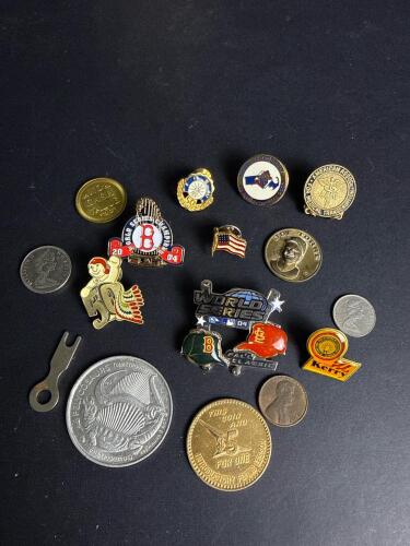 Mixed Lot Baseball Centennial Joe Torre Coin, 2004 Red Sox World Series Pins, Dinosaur Token