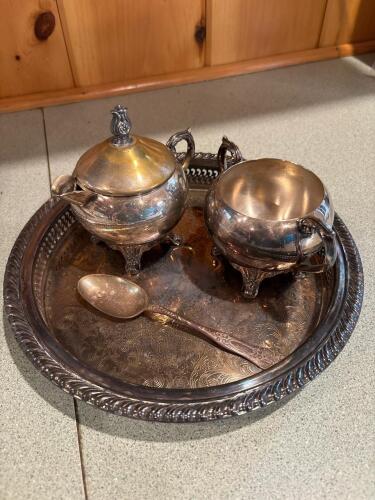 Vintage F.B. Rogers Silver Co. Silver-Plated Tea Set with Tray, Sugar Bowl, Creamer, and Spoon