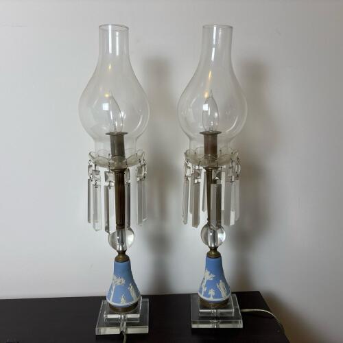 Two Vintage Blue Jasperware Style Table Lamps with Crystal Prisms & Glass Chimneys