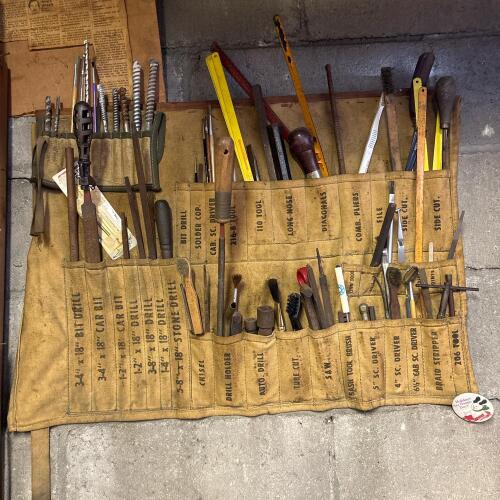 Vintage Canvas Mechanic&rsquo;s Tool Roll With 30+ Tools & Labeled Pockets