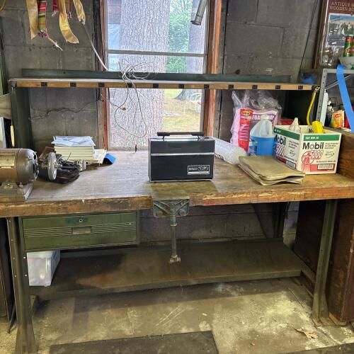 Workshop Bench with Craftsman Motor, Vintage Woodworking Vise, & Other Contents