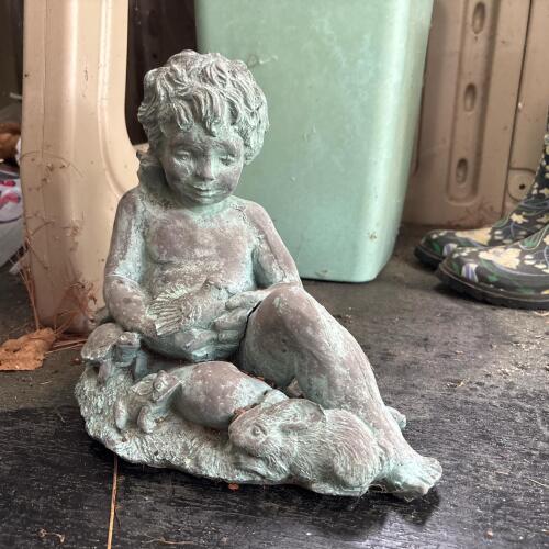 Seated Child Stone Garden Statue with Bird, Rabbit & Turtle