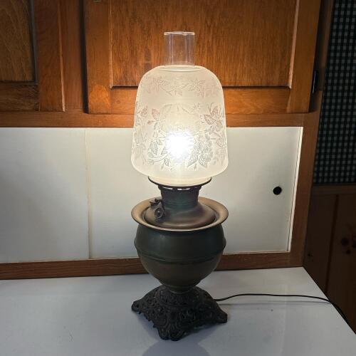 Vintage Juno Lamp Electric Hurricane Table Lamp with Frosted Floral Glass Shade