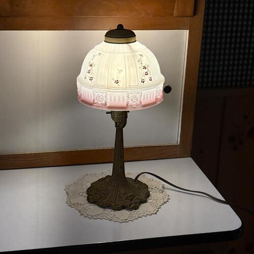 Vintage Boudoir Table Lamp Satin Glass Floral Shade