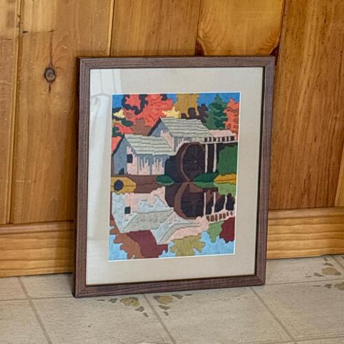 15.5" x 19" Framed Needlepoint Watermill Autumn Landscape Art