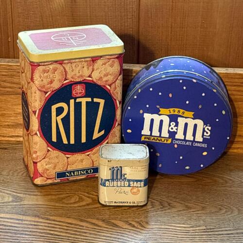 Trio of Vintage Tins - Nabisco Ritz, 1988 M&Ms Peanut, and McCormick Sage Spice
