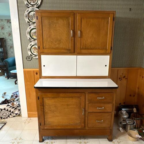 Vintage Restored Oak Hoosier Style Kitchen Cabinet with Enamel Top and Flour Sifter