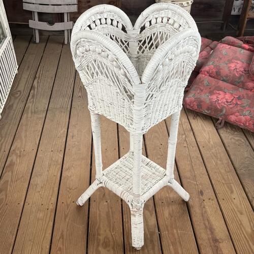 Vintage White Wicker Plant Stand with Lower Shelf