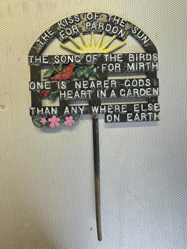 Vintage Metal Garden Stake with Inspirational Quote and Decorative Motifs