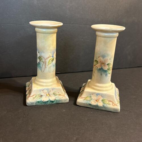 Pair of Vintage Ceramic Candlesticks with Floral Design