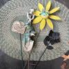 Whimsical Garden Stake Set &ndash; Lizards on Shovel, Spinning Yellow Flower with Hummingbird, Funny Sign, & Flower