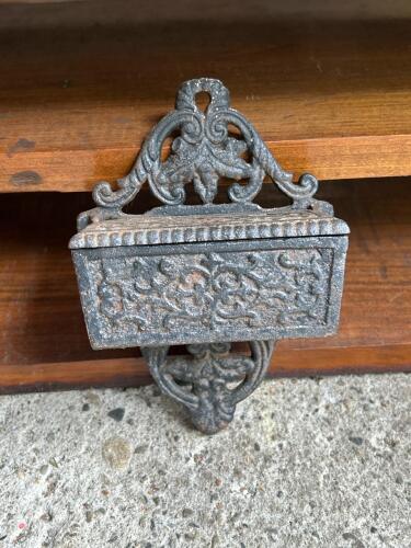 Vintage Wilton Cast Iron Wall-Mount Match Holder with Hinged Lid and Ornate Scrollwork