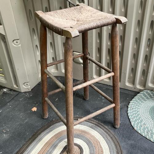 Vintage Wooden Bar Stool with Woven Rush Seat