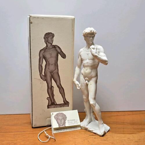 Sugess David Replica Statue 8.25" (21 cm), Marble-Resin, Box & Certificate, Made in Italy