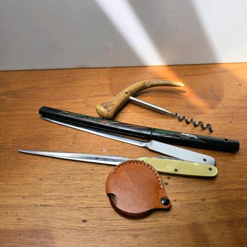 Vintage Marlinspike, Folding Knife, Hand-Painted Sheath Knife & Antler Corkscrew Tool Lot