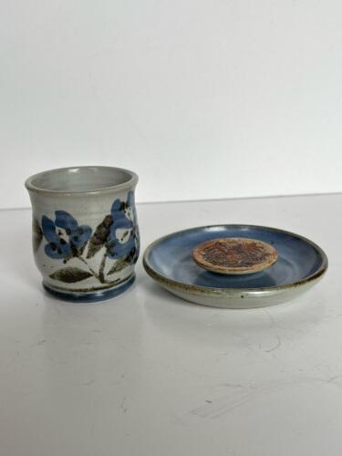 Cindy Angliss Signed Studio Pottery Cup & Saucer Set, Blue Floral, Hand-Thrown Ceramic