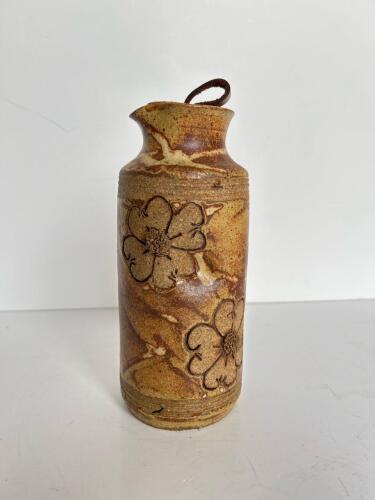Handmade Pottery Bottle by Cindy Phaliss with Floral Motif and Cork Stopper