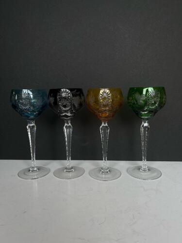 Set of 4 Multicolor Cut-to-Clear Crystal Wine Goblets with Hand-Cut Floral and Geometric Patterns