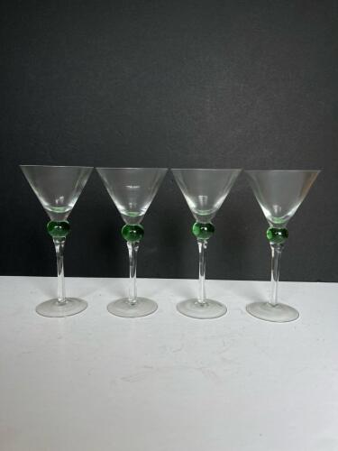 Set of 4 Vintage Martini Glasses with Green Ball Stem