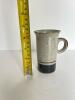 Stoneware Mug & Saucer Set, Speckled Gray, Blue Trim, 4 Mugs - 6