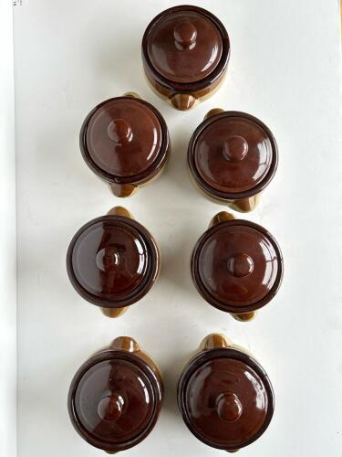 Set of 7 Brown Glazed Ceramic French Onion Soup Bowls with Lids