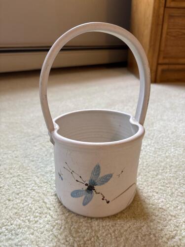Studio Pottery Basket with Blue Dragonfly Design