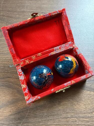 Blue Cloisonn&eacute; Dragon Baoding Balls with Red Brocade Case