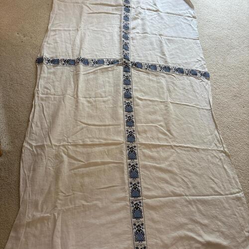 Vintage Hand-Embroidered Linen Tablecloth with Blue Folk Art Figures