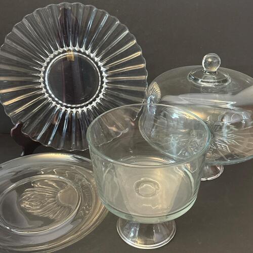 Four Piece Glass Serving Set - Cake Stand with Dome, Pedestal Trifle Bowl, and Decorative Plates