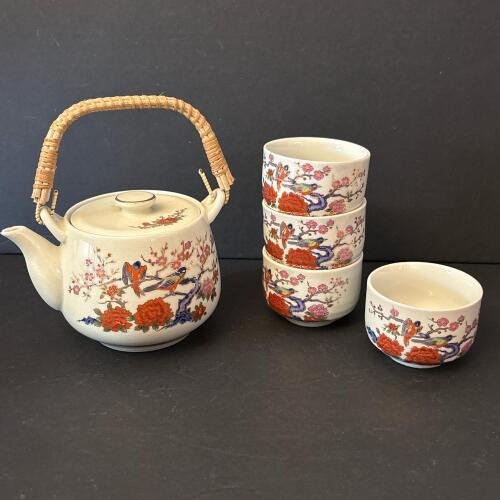 Vintage Japanese Kutani Five Piece Porcelain Tea Set - Bird and Floral Motif