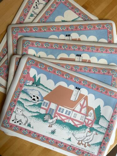 Howard Kaplan French Country Store Farm Scene Hard Placemats Set